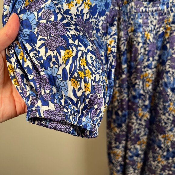 J.Crew Floral V-neck Midi Dress Size XS Blue Smocked Waist Work Wedding Event - Picture 6 of 12